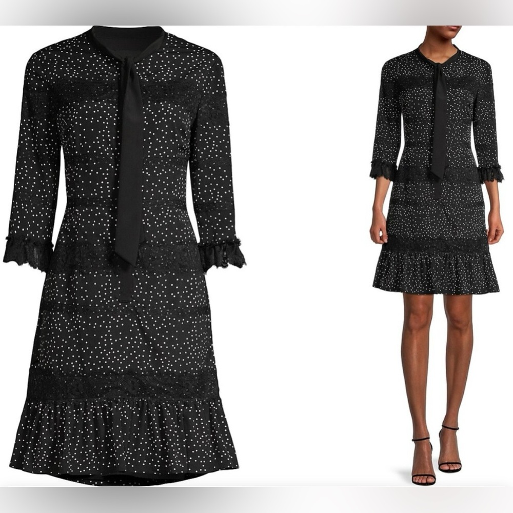 Shani Polka Dot A-line MIDI Black Dress Bow Tie Lace, Ruffles US 6/ EU 36